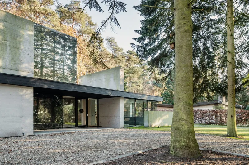 Entry sequence with gravel courtyard framed by concrete volumes and tall conifers casting shadows