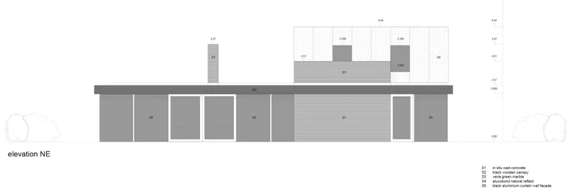 Northeast elevation drawing showing horizontal massing with mixed cladding and chimney volumes