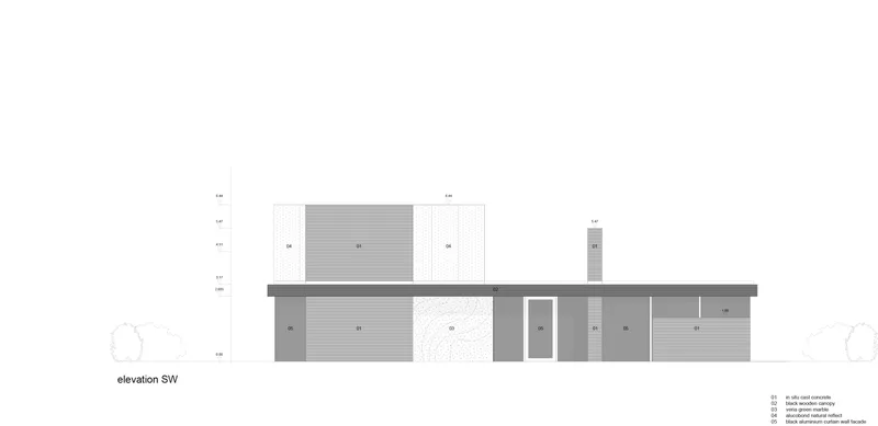Southwest elevation drawing illustrating entry sequence and material zones with vertical chimney element