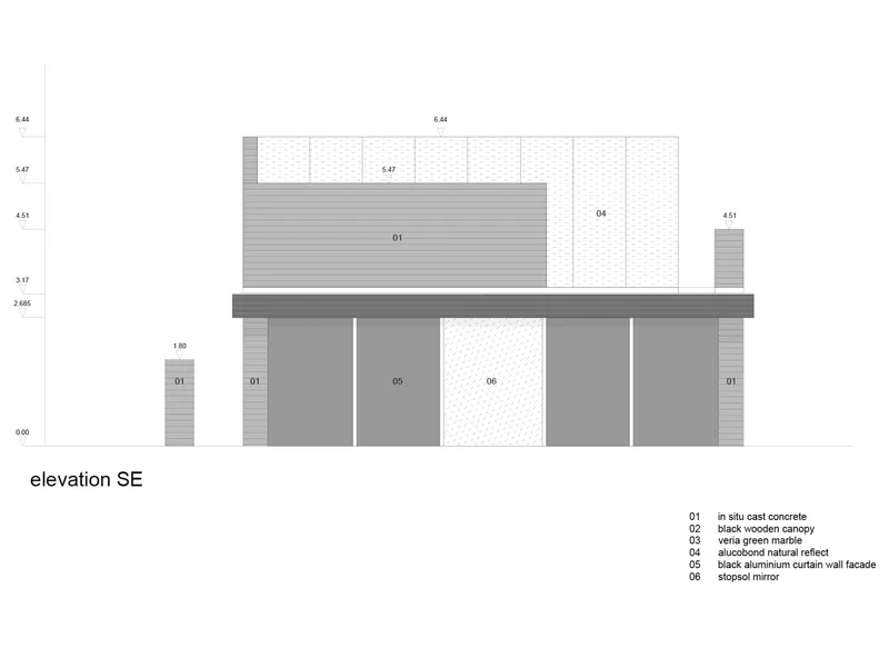 Southeast elevation drawing displaying horizontal timber cladding above a recessed glazed ground floor