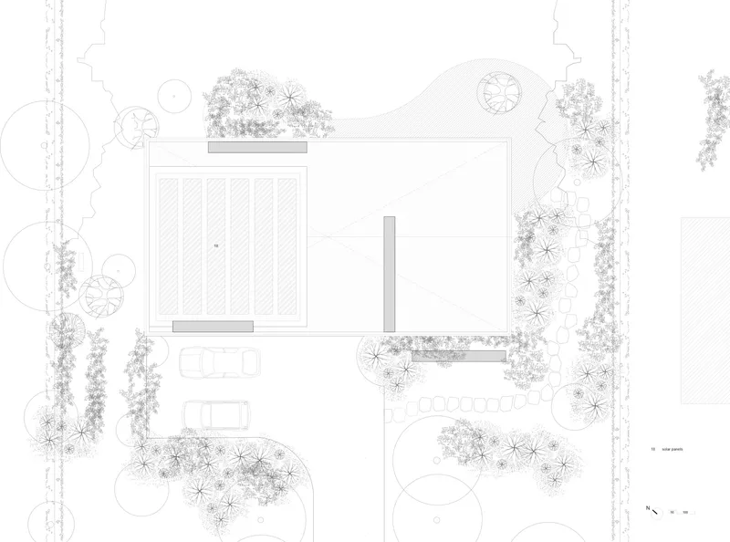 Site plan drawing with curved roof form surrounded by landscaped garden beds and mature trees
