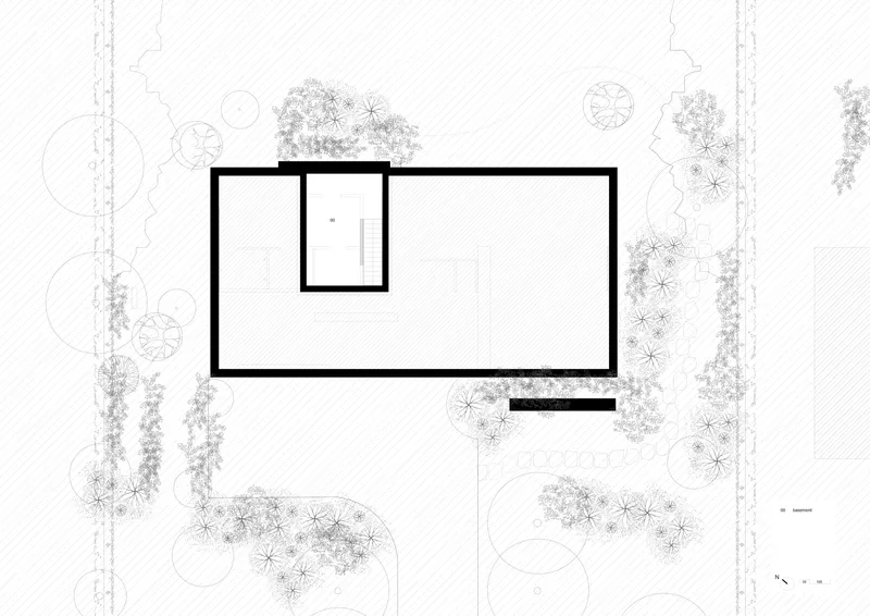 Upper floor plan drawing showing rectangular footprint with central stair core and landscape beyond