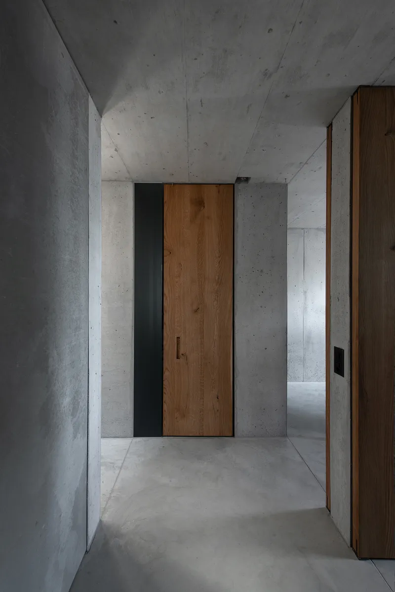 Timber pivot door set within concrete walls in a narrow hallway with diffused natural light