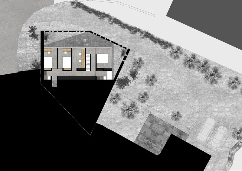 Section drawing through the two-story volume revealing interior spaces and the curved roof
