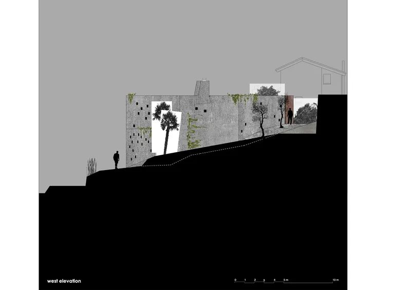 West elevation drawing showing the concrete wall on sloping terrain with a single figure ascending