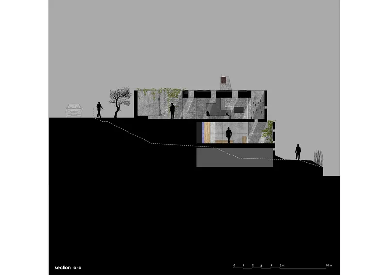 Section drawing revealing split-level interior spaces carved into the hillside with planted terraces