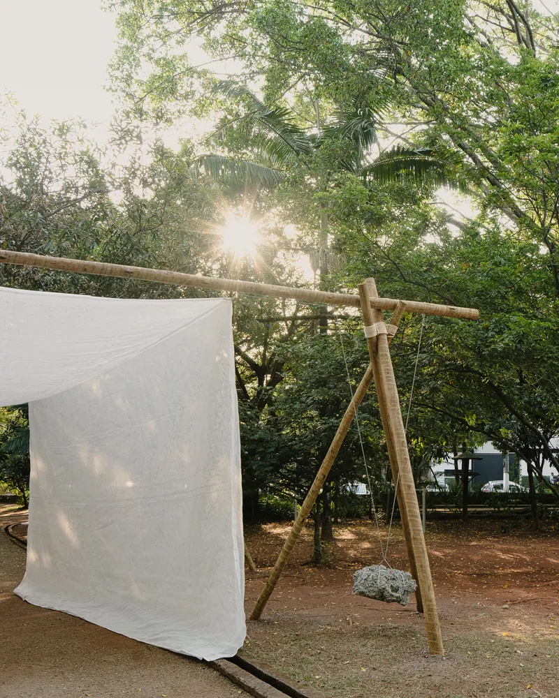 Bamboo pole frame with white fabric canopy beneath tree branches with sunlight filtering through