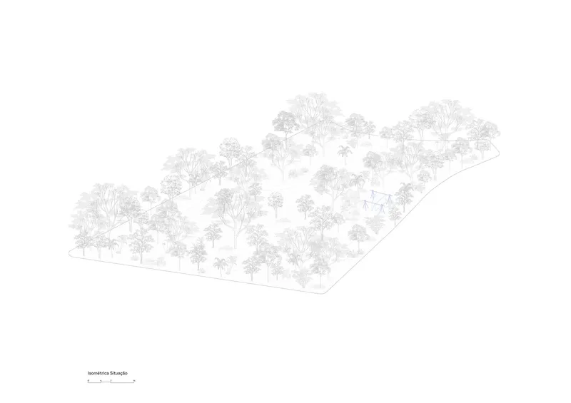 Axonometric drawing showing a wooded site with scattered trees and a small structure in the clearing