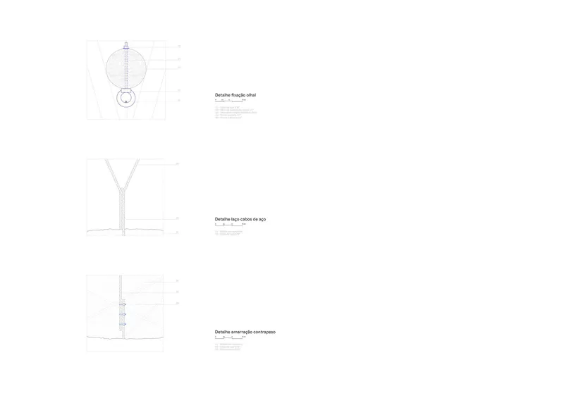 Technical detail drawings showing connection points of timber columns and cable assemblies