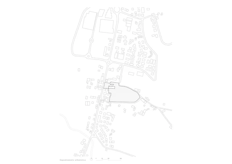 Site plan drawing showing the building footprint and surrounding streets in line work