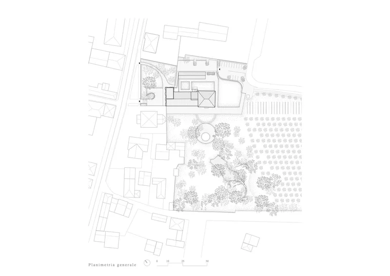 Site plan drawing showing buildings, a large garden with trees, and adjacent orchard
