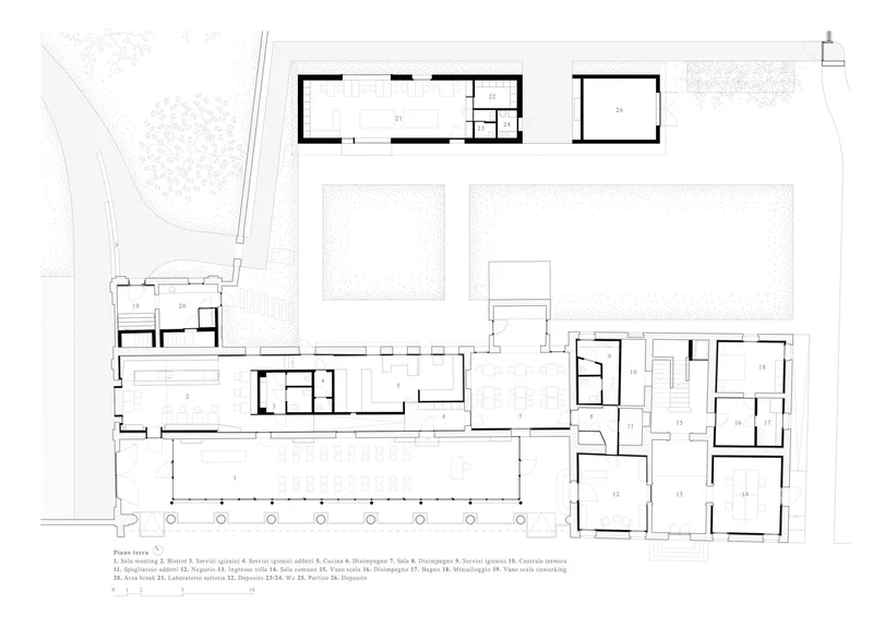 Ground floor plan drawing showing interconnected rooms with a covered colonnade and courtyards
