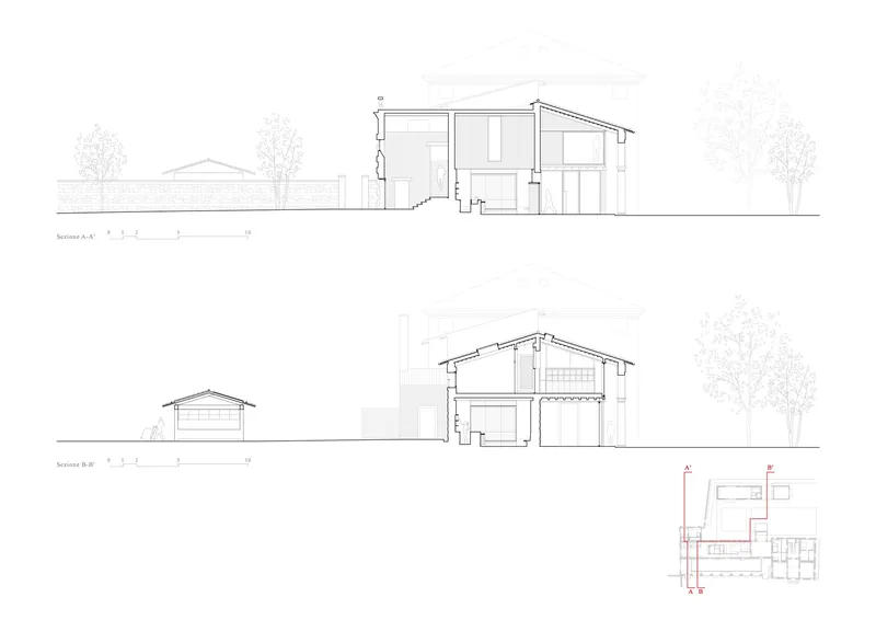 Section drawings through a two-story structure with sloped roof and adjacent outbuilding