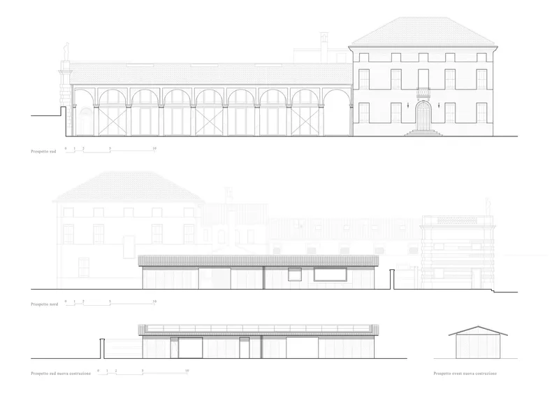 Elevation drawings showing an arcade with arched openings connecting to a multi-story villa