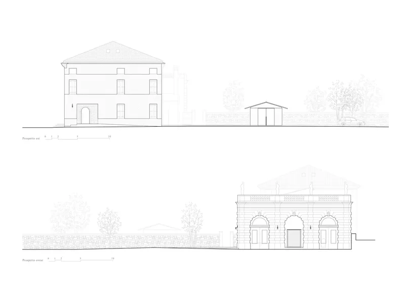 Elevation drawings of a two-story villa with triangular pediment and a detached gabled structure