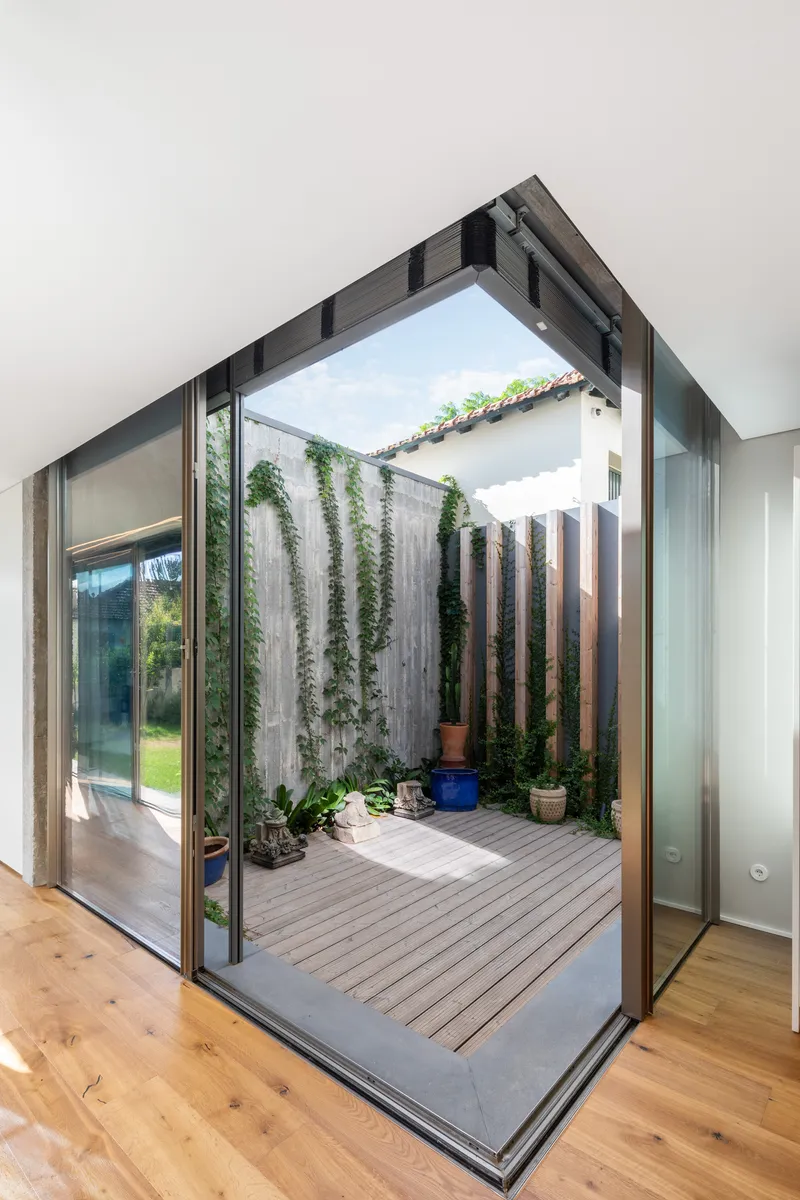 View through corner glazing into a small courtyard with timber decking and potted plants against concrete walls