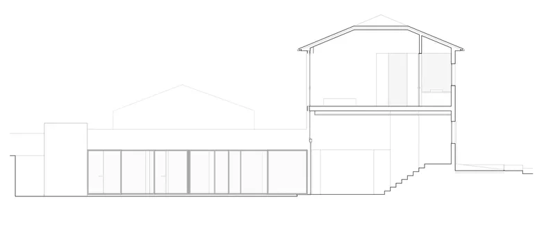 Elevation drawing depicting a glazed pavilion connecting to a two-story gabled volume on a slope