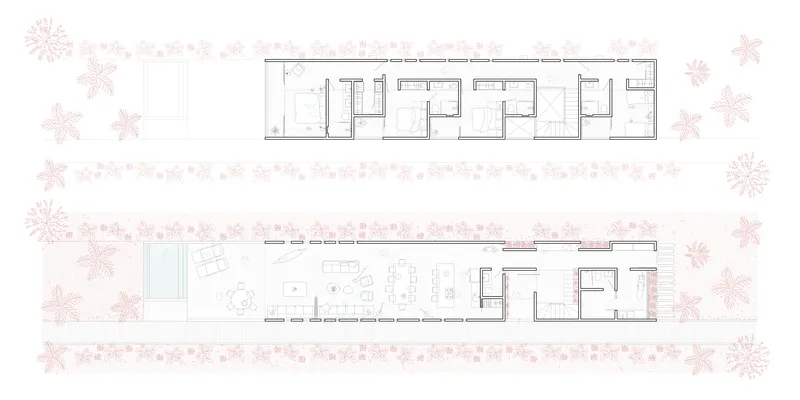 Floor plan drawings showing two levels of a linear volume with repeating room divisions