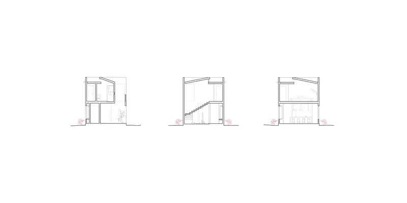 Section drawings showing three variations of the interior spatial organization with stairs and vertical circulation