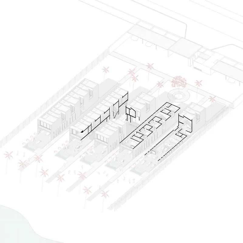 Axonometric drawing of linear volumes arranged in a courtyard with palm trees and surrounding context