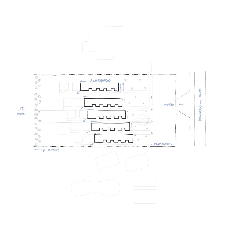 Site plan drawing showing five parallel linear structures aligned between a promenade and waterfront