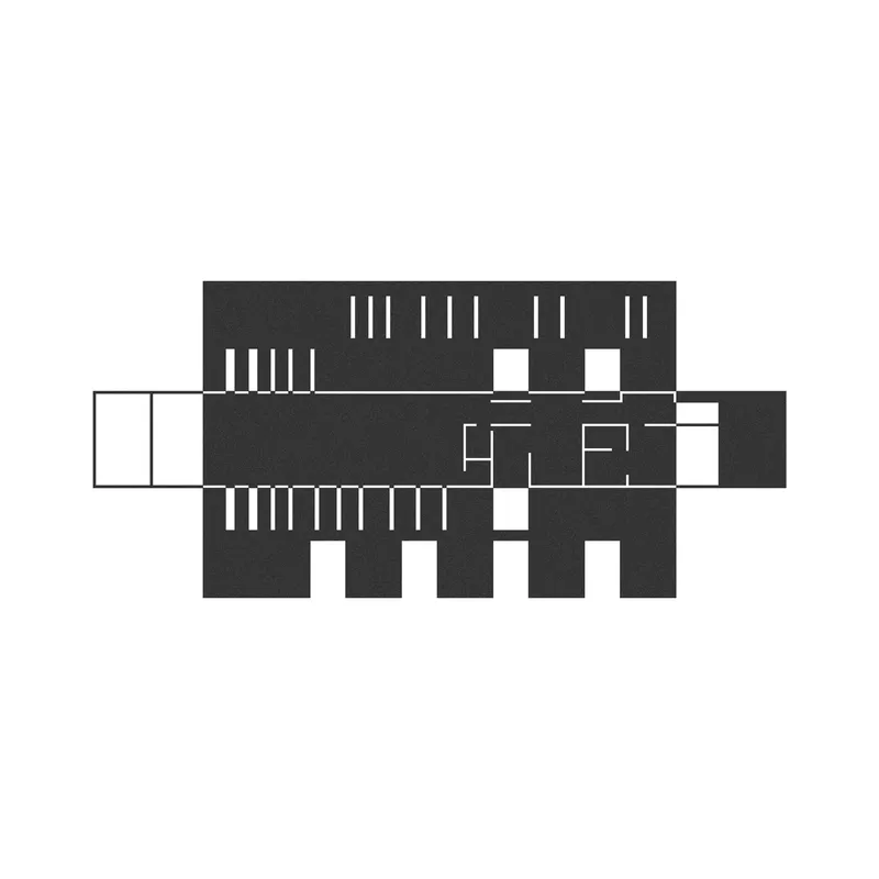 Floor plan drawing with dark and light zones depicting central circulation and flanking room modules