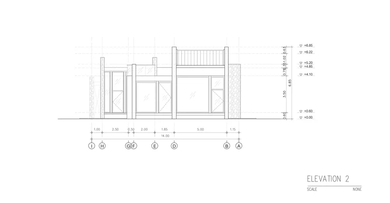 Elevation drawing depicting a section with columns, openings, and a raised roof element