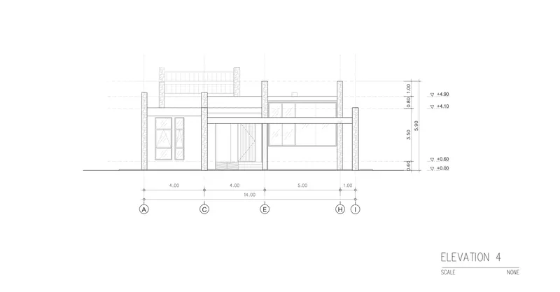 Elevation drawing depicting a low-rise structure with exposed timber framing and clerestory windows