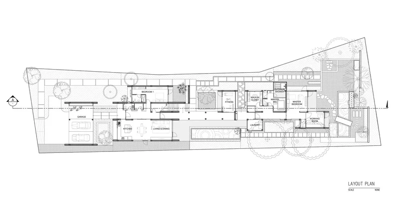 Layout plan showing an angled linear arrangement of rooms with an interior courtyard and surrounding trees