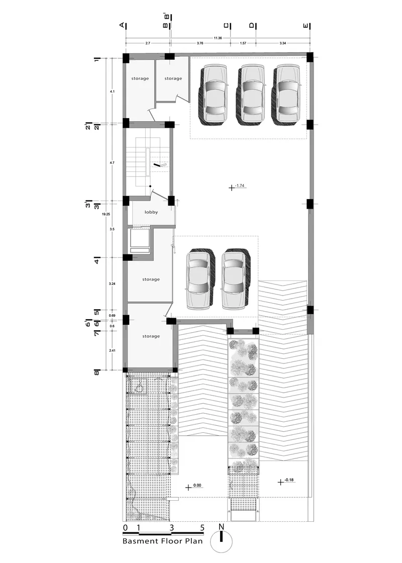 Basement floor plan showing parking spaces for five vehicles with storage rooms and landscaped areas