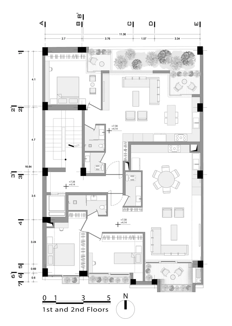 First and second floor plan showing living areas with terrace garden along the northern edge