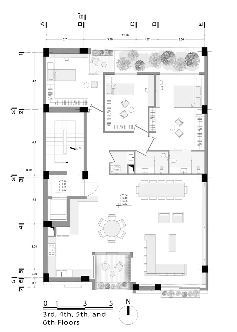 Upper floor plan showing bedroom suites with terrace garden and open living spaces