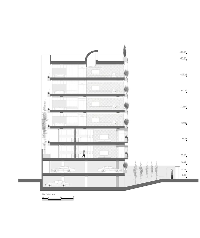 Building section drawing showing six residential floors above basement parking with trees flanking both sides