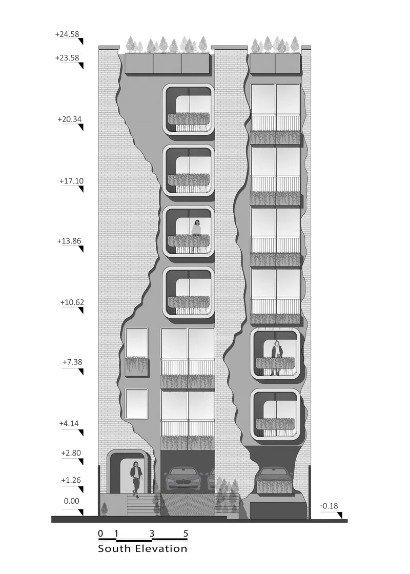 South elevation drawing of a multi-story residential building with curved balconies and rooftop vegetation