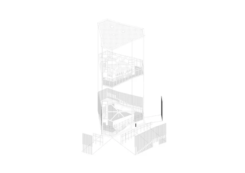 Axonometric drawing showing interior levels, vertical circulation, and slatted facade system