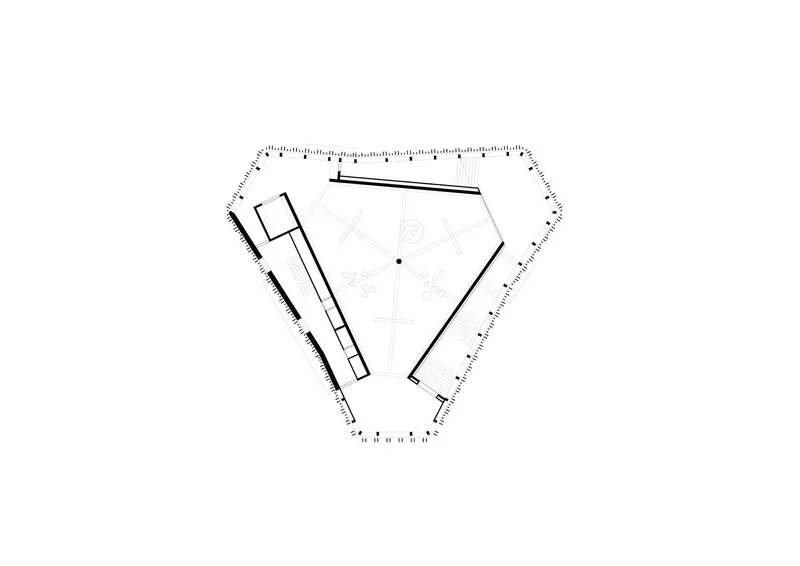 Ground floor plan drawing of a pentagonal structure with perimeter colonnade and central courtyard
