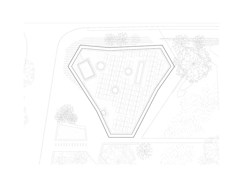 Roof plan drawing showing pentagonal outline with paving pattern and circular roof openings