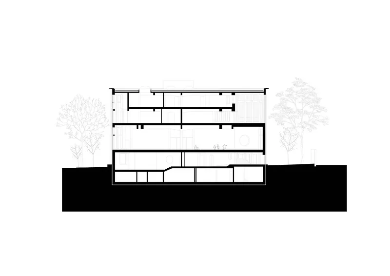 Section drawing showing staggered floor plates with flanking trees in elevation