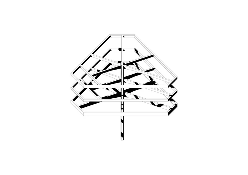 Axonometric drawing revealing the stacked floor levels around a central circulation core