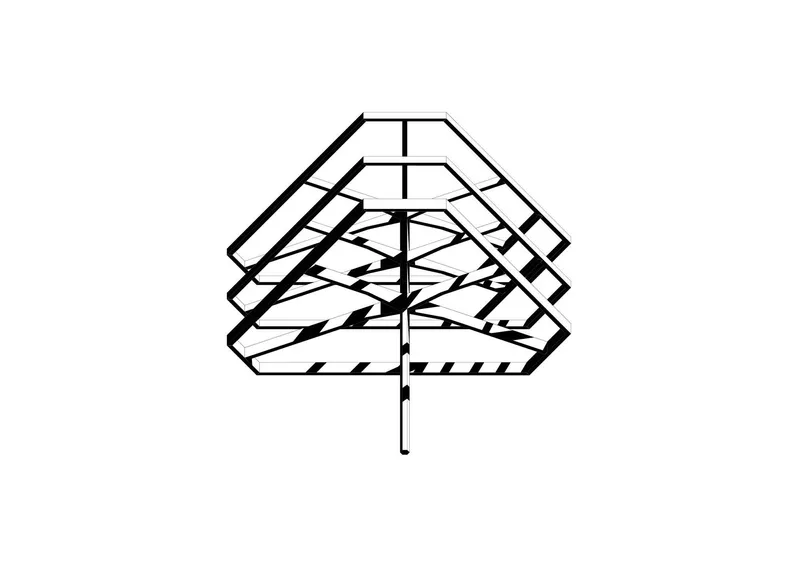Axonometric drawing showing overlapping floor plates with radial stair and service elements