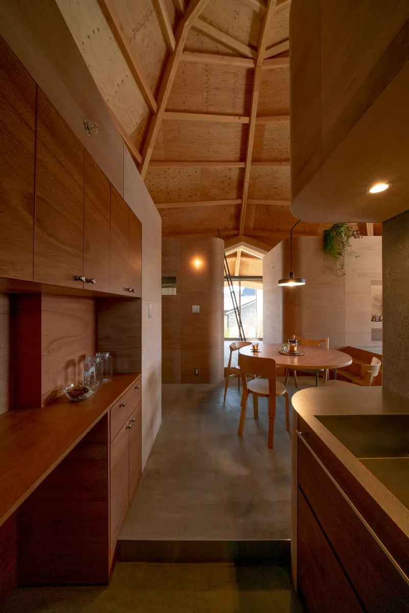 Kitchen with plywood cabinetry and open shelving beneath the exposed timber framing and vaulted ceiling