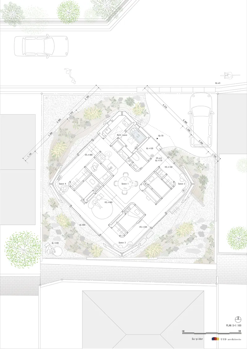 Site plan drawing showing angled layout with planted courtyard beds and street trees