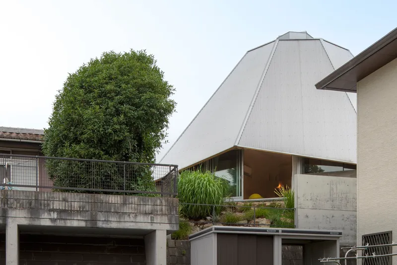 Exterior view of the faceted metal roof rising above neighboring rooftops and a planted terrace with greenery