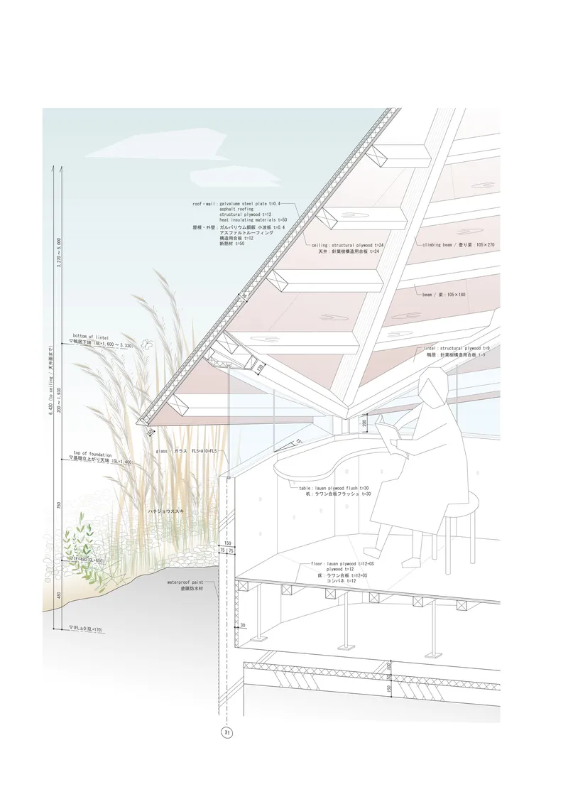 Detail section drawing showing ceiling joists, planted atrium and timber structure with annotations