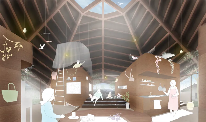 Interior rendering of living space beneath exposed timber frame roof with hanging plants and skylights