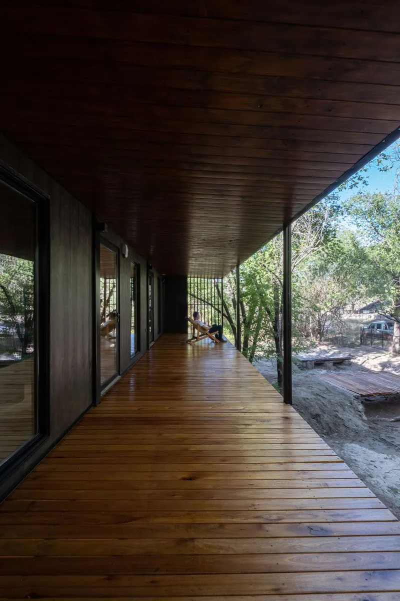 Covered timber deck with dark wood ceiling and glazed doors opening to surrounding trees