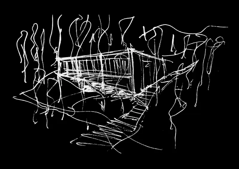 Sketch in white line on black background showing an interior staircase with surrounding figures