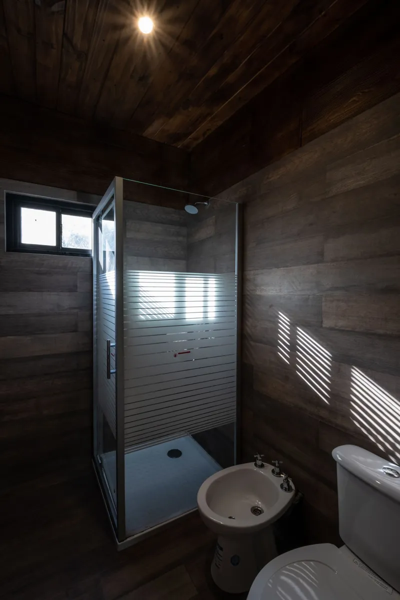 Bathroom with horizontal wood cladding and striped light through a frosted glass shower door