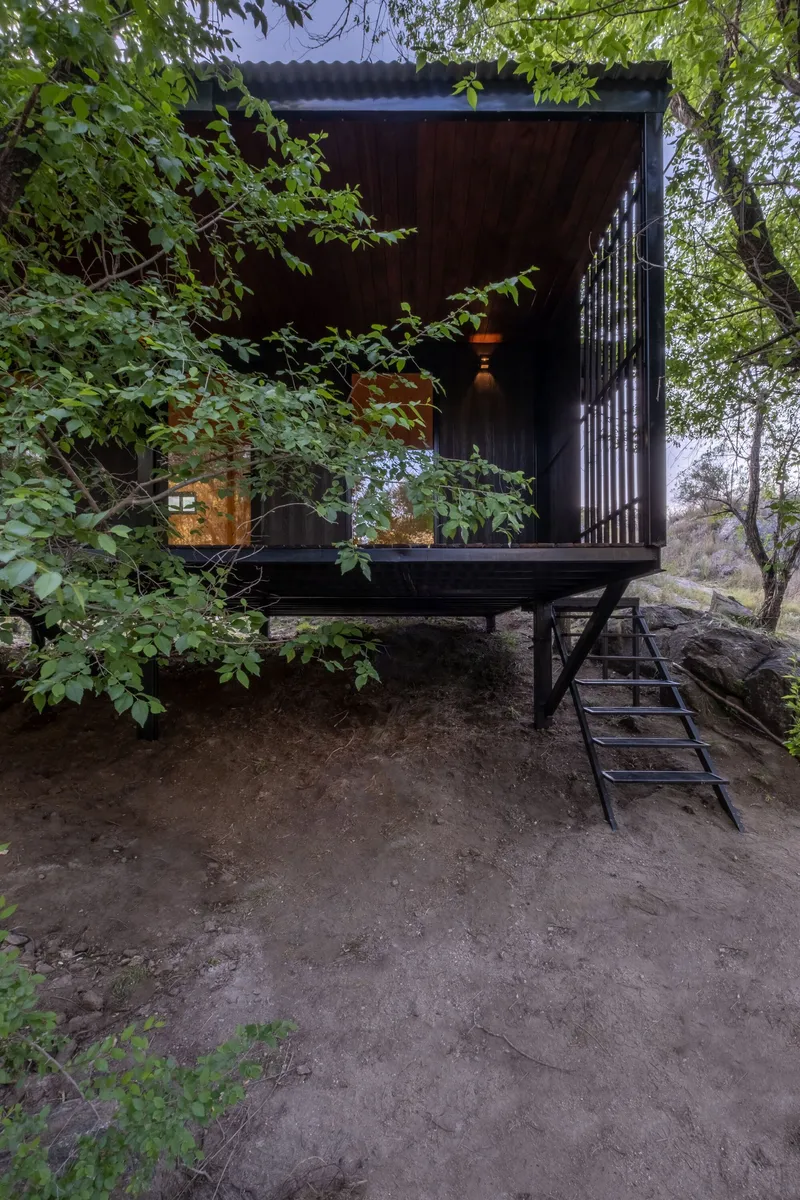 Raised cabin entry with corrugated metal roof and timber slat screen beneath overhanging branches at twilight