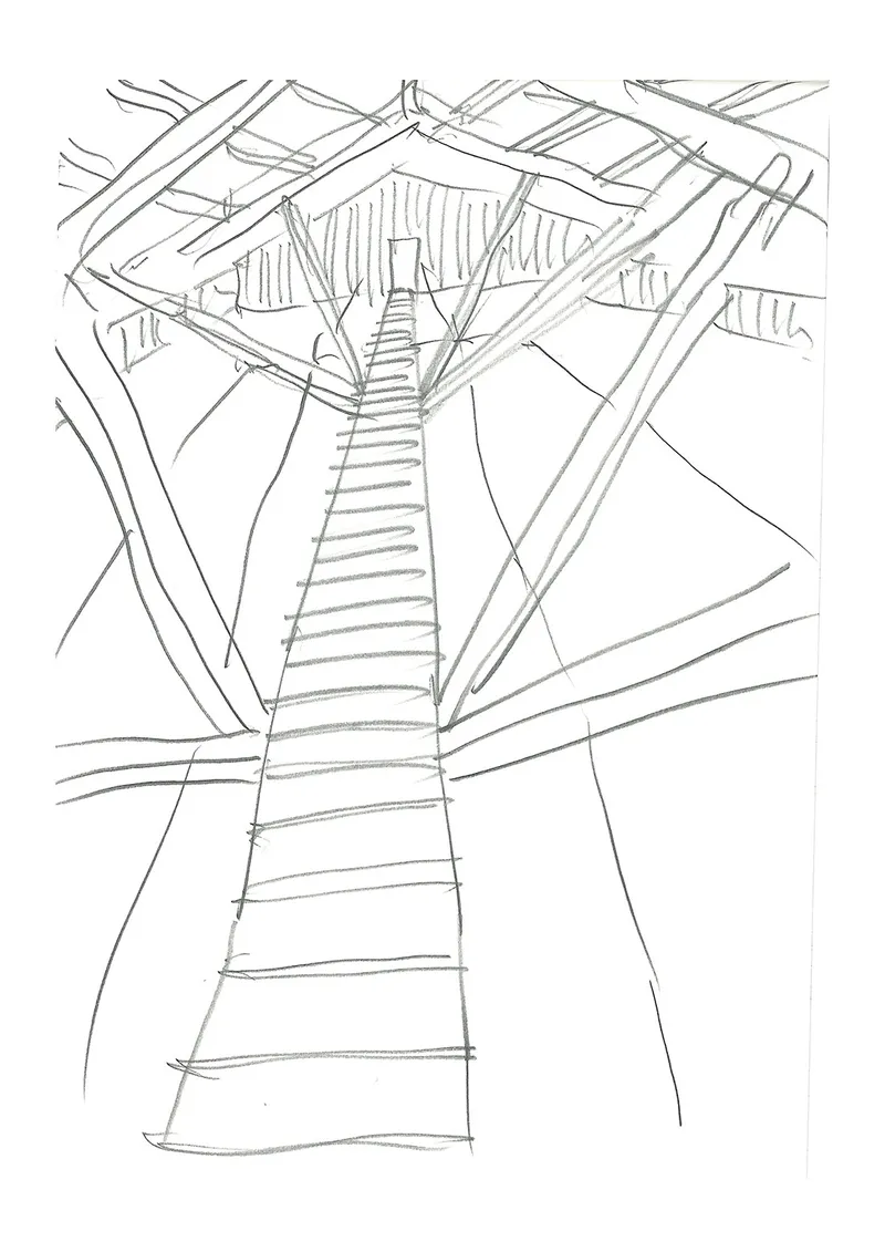 Sketch depicting an upward view of timber beams and a central stairway converging at a pyramidal ceiling